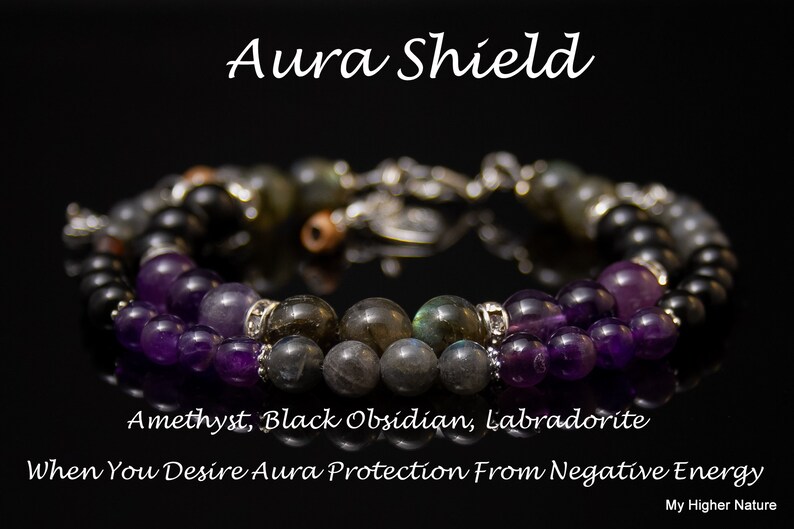 AURA SHIELD Manifestation Intention Bracelet-Top Quality Stones-Durable-With Amethyst,Obsidian /& Labradorite- Choose from 6-8 mm Beads.