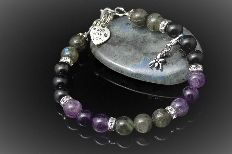 AURA SHIELD Manifestation Intention Bracelet-Top Quality Stones-Durable-With Amethyst,Obsidian /& Labradorite- Choose from 6-8 mm Beads.
