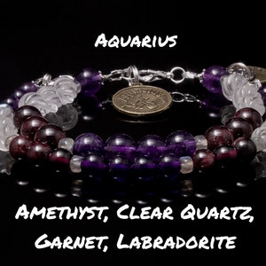 AQUARIUS Astrology-Zodiac Manifestation Intention Bracelet-Top Quality Stones-Garnet,Amethyst,Clear Quartz,Labradorite-Choose 6 Or 8mm bead