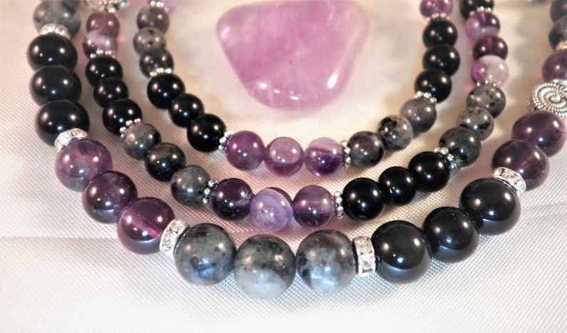 AURA SHIELD Manifestation Intention Bracelet-Top Quality Stones-Durable-With Amethyst,Obsidian /& Labradorite- Choose from 6-8 mm Beads.