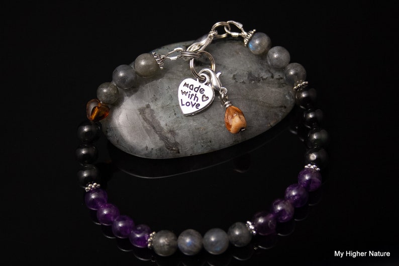 AURA SHIELD Manifestation Intention Bracelet-Top Quality Stones-Durable-With Amethyst,Obsidian /& Labradorite- Choose from 6-8 mm Beads.