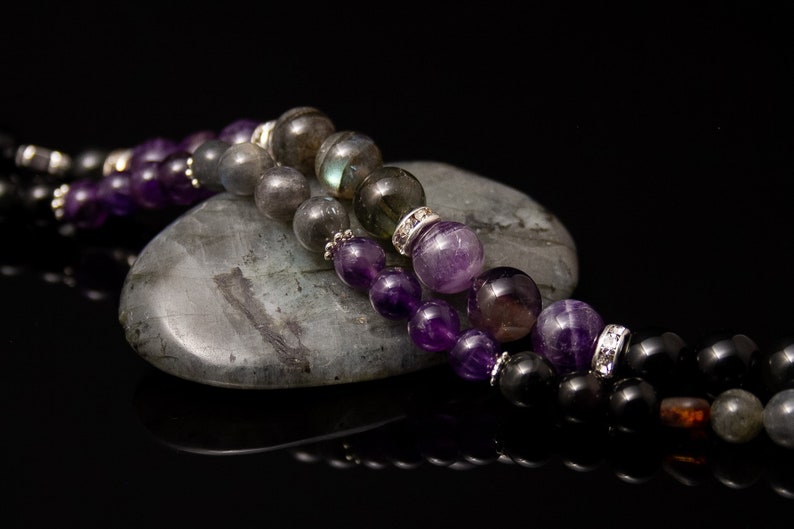 AURA SHIELD Manifestation Intention Bracelet-Top Quality Stones-Durable-With Amethyst,Obsidian /& Labradorite- Choose from 6-8 mm Beads.