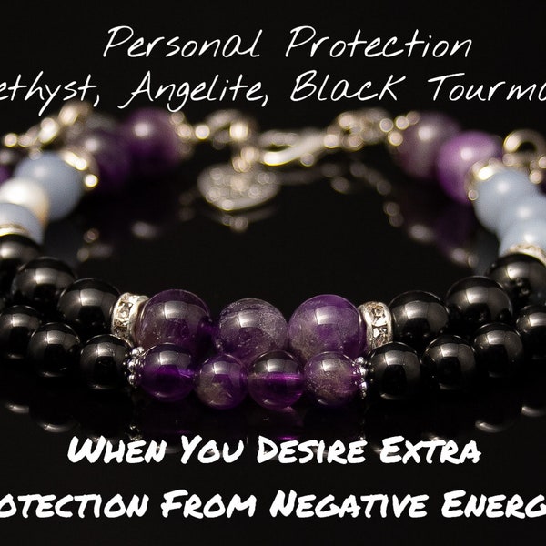 PERSONAL PROTECTION Manifestation Intention Bracelet-Top Quality Stones -Durable-Amethyst,Angelite, Black Tourmaline-Choose from 6-8mm beads