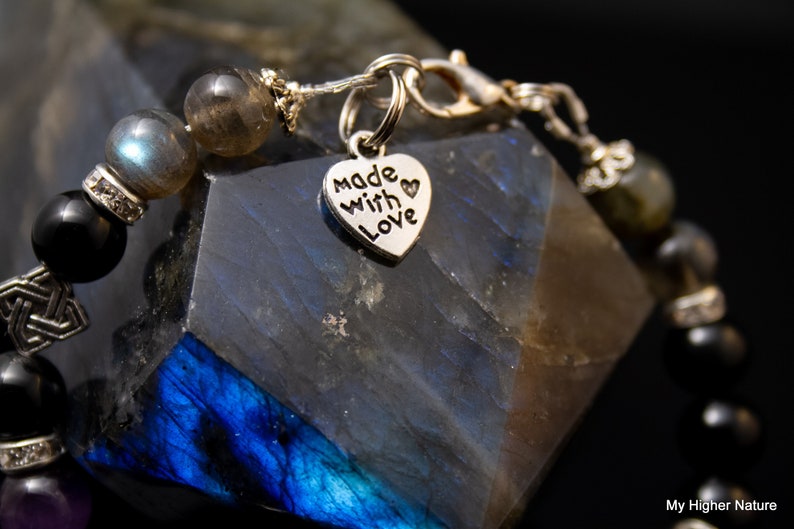 AURA SHIELD Manifestation Intention Bracelet-Top Quality Stones-Durable-With Amethyst,Obsidian /& Labradorite- Choose from 6-8 mm Beads.
