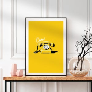 Ciao gelb Retro Telefon Druck, Dopamin-Dekor, Vintage Pop Art druckbare, spielerische Y2K ästhetische Wandkunst, sofortiger Download