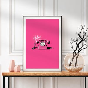 Hola Jasnoróżowy Retro Telefon Druk, Zabawny Y2K Estetyczna Sztuka Ścienna, Natychmiastowe Pobieranie, Vintage Pop Art Printable