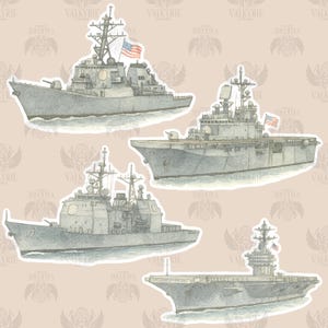 Navy Schiff Sticker Pack | Aquarell Kriegsschiff Aufkleber | Zerstörer, Kreuzer, LHA, Flugzeugträger | Militär Geschenk