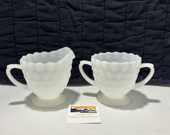 Anchor Hocking melkglas creamer en suiker set | Wit bubbelpatroon | Vintage jaren 60 | Middeleeuws servies | Retro keukendecoratie