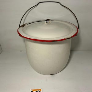 Vintage Red & White Enamel Pot with Lid | Farmhouse Kitchen Cookware | Rustic Cabin Decor | Retro Enamelware | Country Style Pot