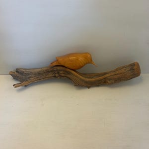 Hand-Carved Wood Bird on Driftwood Sculpture | MCM Folk Art | Artist Signed | Mid Century Modern Nature Decor | Rustic Organic Art