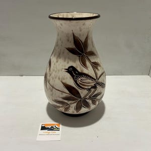 Vintage Raymor Style Italian Ceramic Vase | Hand Painted Bird Design | Bitossi Era Pottery | Mid Century Art Pottery | Small Decor Vase