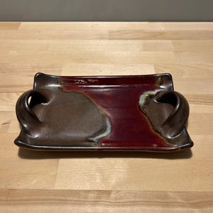 Handmade Studio Pottery Serving Tray w/ Handles | Artist Signed | Rich Dark Tones & Unique Glazing | Rustic Modern Entertaining