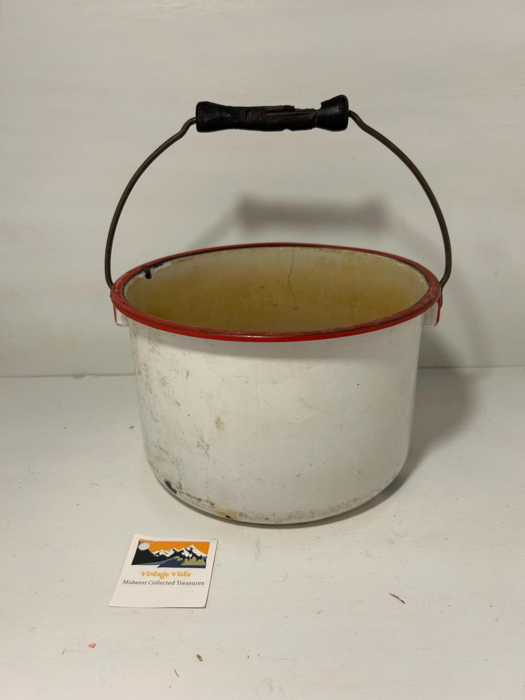 Rustic Garbage Pail Vintage Red & White Enamel Bucket | Wood Handle | Farmhouse Kitchen ...