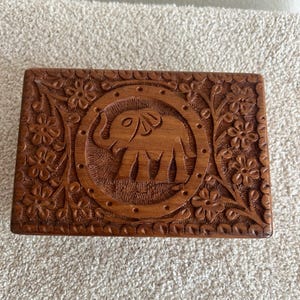 Vintage Hand Carved Wood Elephant Box | Safari Theme Trinket Box | Made in India | Animal Carving | Boho Decor | Unique Gift Idea