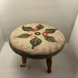 Vintage Hooked Rug Footstool | Floral Needlepoint Top | Farmhouse Cottage Decor | Wooden Legs | Rustic Upholstered Accent Stool
