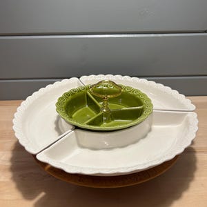 California Pottery Lazy Susan | Green & White MCM Dish Set 5pc | Made in USA