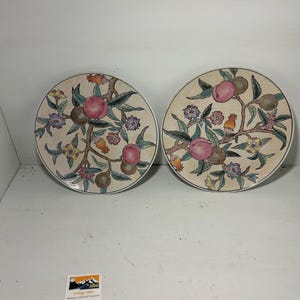 Set of 2 Vintage Chinese Porcelain Charger Plates | Hand-Painted Peach & Floral Design | Late 20th Century Decor | Wall or Shelf Display