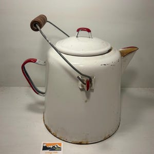 Vintage Enamelware Kettle | Mid Century Camping Coffee Pot | Rustic Farmhouse Decor | White and Red Enamel Tea Pot