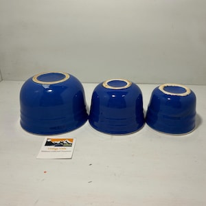 Set of 3 Blue Oxford Stoneware Nesting Bowls | Made in USA | Rustic Farmhouse Kitchen | Ringed Design | Vintage Cottage Tableware