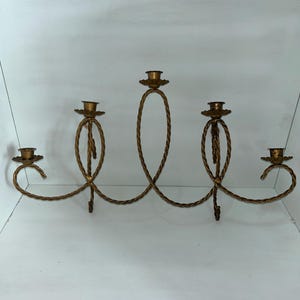 Vintage 5-Arm Metal Wall Sconce Candle Holder | Gold Tone Twisted Rope Style | Wall Candelabra | Hollywood Regency | Glam Decor