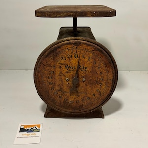 Báscula de cocina Vintage Way Rite / Decoración rústica de granja / Pátina desgastada / Báscula de metal antigua / Objeto de colección de cocina primitivo