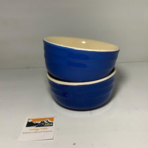Set of 2 Blue Oxford Stoneware Mixing Bowls | Made in USA | Rustic Farmhouse Kitchen | Ringed Design | Vintage Cottage Tableware