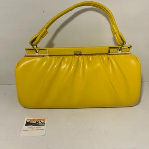 Vtg 60s Yellow Mod Vinyl Clutch Purse | Retro Cocktail Party Satchel | Mid Century Bright Evening Bag | 11” Handbag