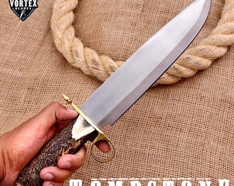 Handmade Tombstone Ring Guard Bowie Knife: 1095 Carbon Steel, Stag Antler Handle