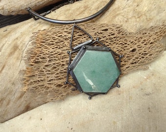 Green Aventurine Hexagon Necklace,Unique Statement Pendant