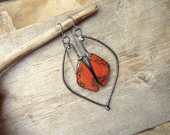 Red Brecciated Jasper Earrings,Fancy Copper Earrings