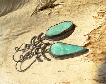 Rough Amazonite Mismatching Rustic Copper Earrings