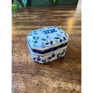 Vintage Blue and White Hexagonal Ceramic Trinket Box