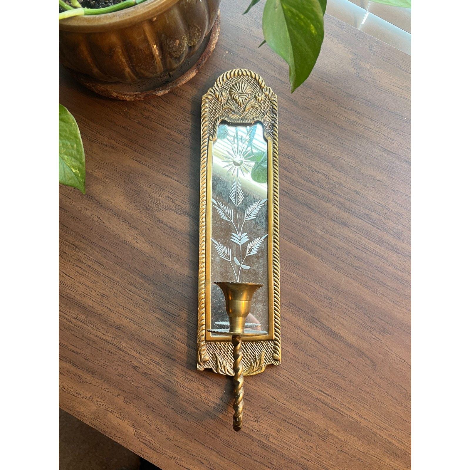 Single Vintage Hollywood Regency Brass & Etched Mirror Wall Sconce Candle Holder