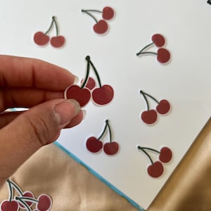 10 mini cherry stickers – Red Cherry Waterproof Vinyl Decals for Tumblers, Water Bottles, Laptops, Small Handmade, Cute Fruit Sticker Set