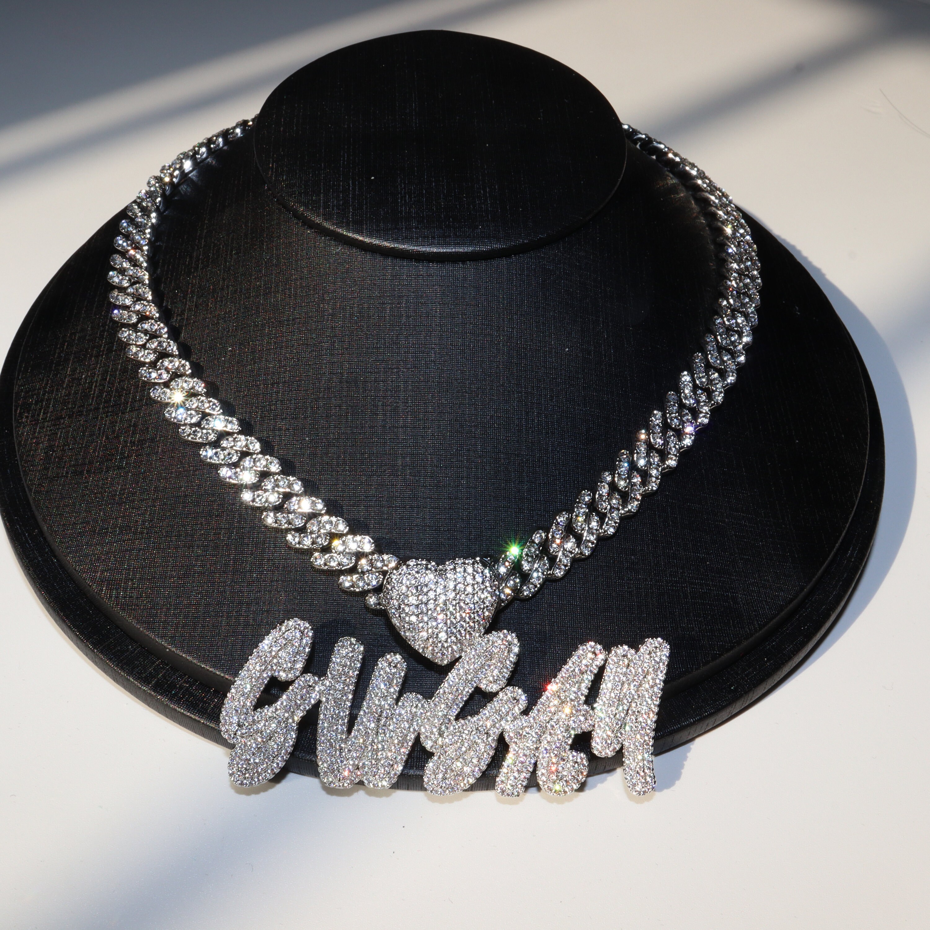 Custom Icy Heart Name Necklace/Iced Out Name Chain/Hip Hop Jewelry Birthday Gift for her/Cuban Link Nameplate Necklace/Custom Name Pendant