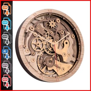 Gear Wall Clock for Living Room, Analog Wall Clock, Calendar Clock File [CDR, AI, DXF] - Instant Download, Laser Cut Design
