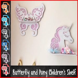 Estantería infantil de mariposas y ponis / Archivos cortados con láser AI, CDR, DXF / Plantilla CNC y Glowforge / Descarga digital