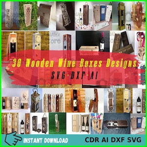 Set van 30 houten wijnkisten | CDR-, DXF-, ai- en svg-bestanden | Lasergesneden sjablonen voor Glowforge en CNC | Digitale download verpakkingsontwerpen