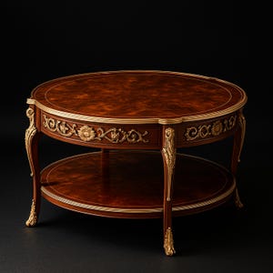 Luxury Round Coffee Table – Solid Wood with Brass Ormolu Details, Antique French Style Living Room Centerpiece