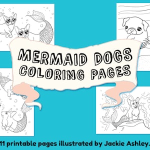 Cute Dogs Coloring Pages, Mermaid Dogs Coloring Pages, Puppy Coloring Pages, Printable Coloring Pages, For Dog Lovers, Digital Download