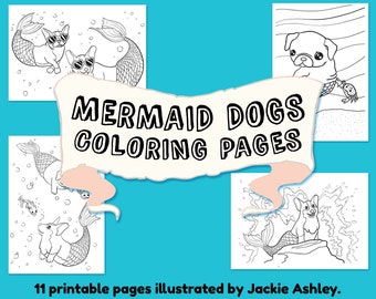 Cute Dogs Coloring Pages, Mermaid Dogs Coloring Pages, Puppy Coloring Pages, Printable Coloring Pages, For Dog Lovers, Digital Download