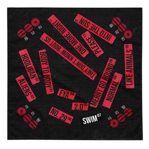 May include: Black bandana with red text and graphics. The text includes phrases like "Body to Body," "Aliens," and "Into the Sun." The design features a mix of English and Korean text, along with circular graphic elements.