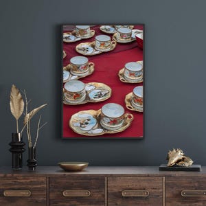Chinoiserie Coquette Aesthetics Art Stampa ad acquerello / Elegante arte murale con tazza da tè / Decorazione per la casa di ispirazione vintage