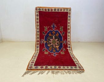 Moroccan rug red- Beni ourain rug -Wool berber rug - vintage rug - Handmade rug - Red rug - Free shipping - Moroccan red rug