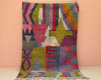 Handmade Boujad Wool Rug, Authentic Moroccan Carpet, Abstract Multicolored Design