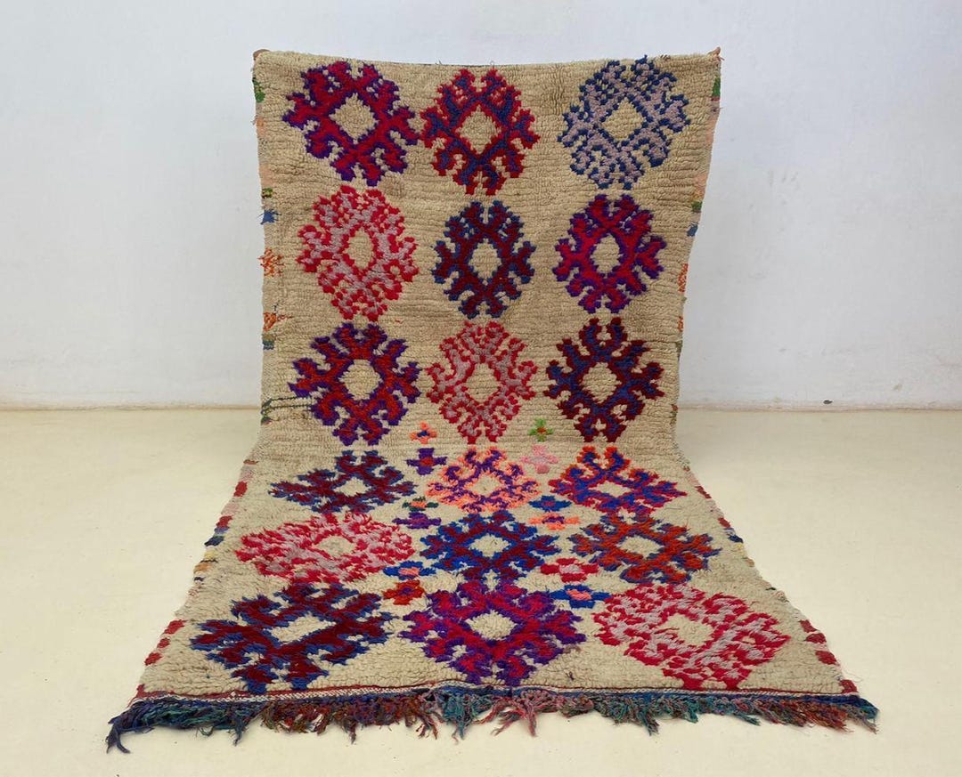 Vintage Moroccan Wool Rug, Colorful Geometric Pattern (7x3.5 Ft) - Etsy