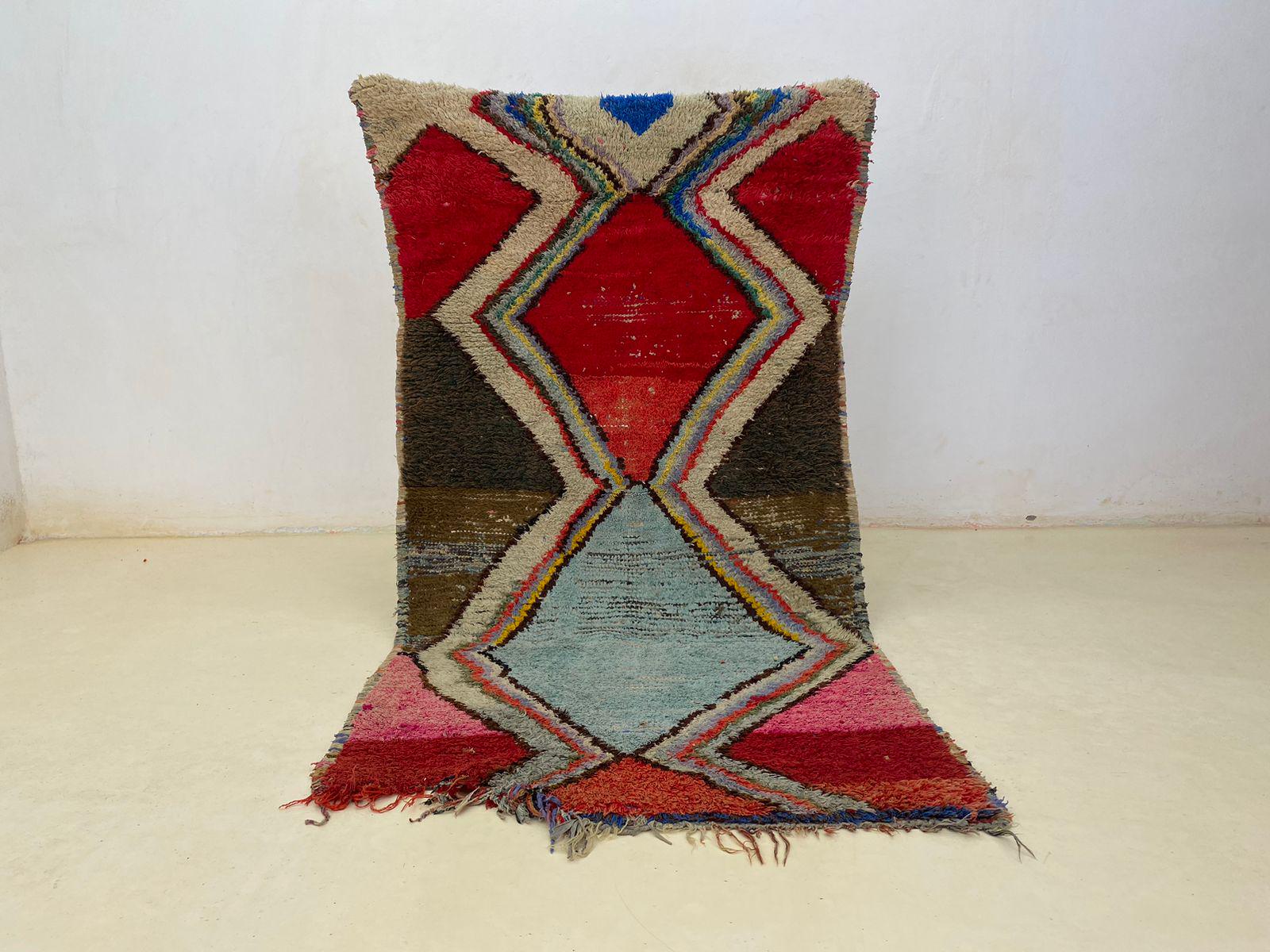 ヴィンテージ モロッコ ウール ラグ、カラフルなチェック柄ブーシュル