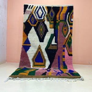 Berber Wool Area Rug: Colorful Tribal Design (Soft Shaggy, Washable)