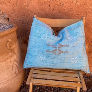May include: A light blue decorative pillow with brown and white embroidered details rests on a wooden chair. The pillow has a textured appearance and a geometric design. The background features a terracotta-colored wall and a large, decorative pot.