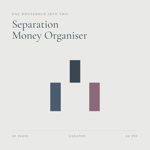 Peut inclure: Un document numérique intitulé One Household Into Two Separation Money Organiser. La mise en page présente trois blocs rectangulaires verticaux en gris foncé, bleu et mauve. Le texte indique 30 pages, non daté, format PDF A4.